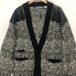 Mark Elliot‎ Geometric Knit Cardigan Genuine Leather Trim Pockets Elbow Patches